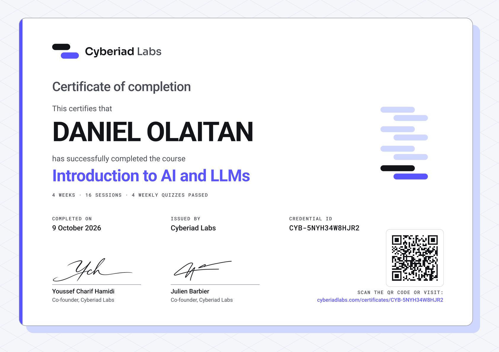 DANIEL OLAITAN, Introduction to AI and LLMs. A Cyberiad Labs certificate of completion.
