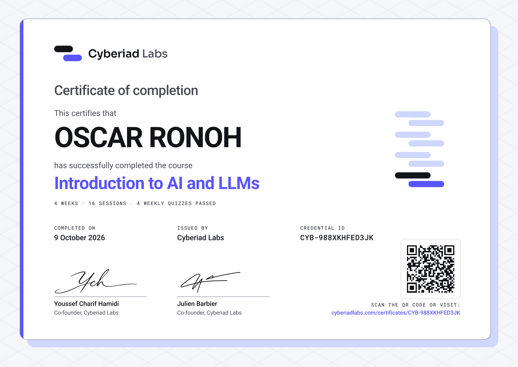OSCAR RONOH, Introduction to AI and LLMs. A Cyberiad Labs certificate of completion.