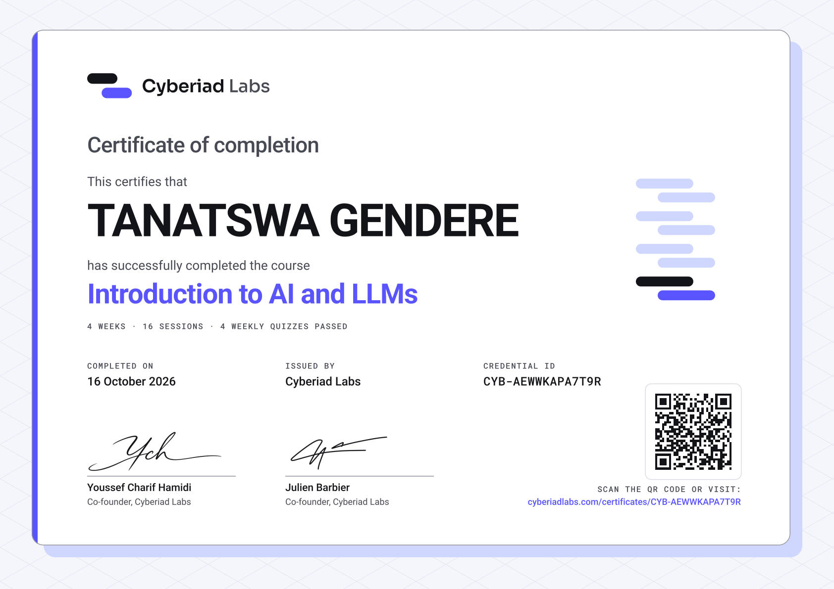 TANATSWA GENDERE, Introduction to AI and LLMs. A Cyberiad Labs certificate of completion.