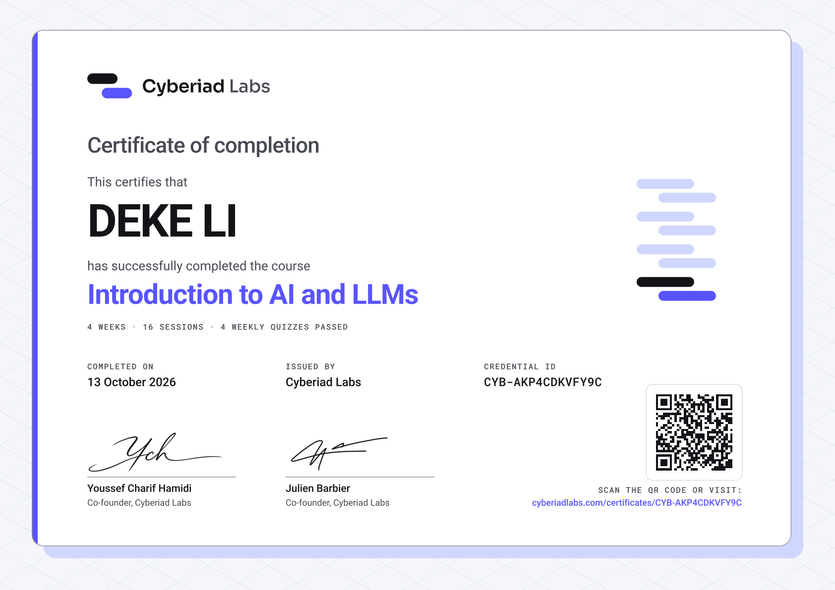 DEKE LI, Introduction to AI and LLMs. A Cyberiad Labs certificate of completion.