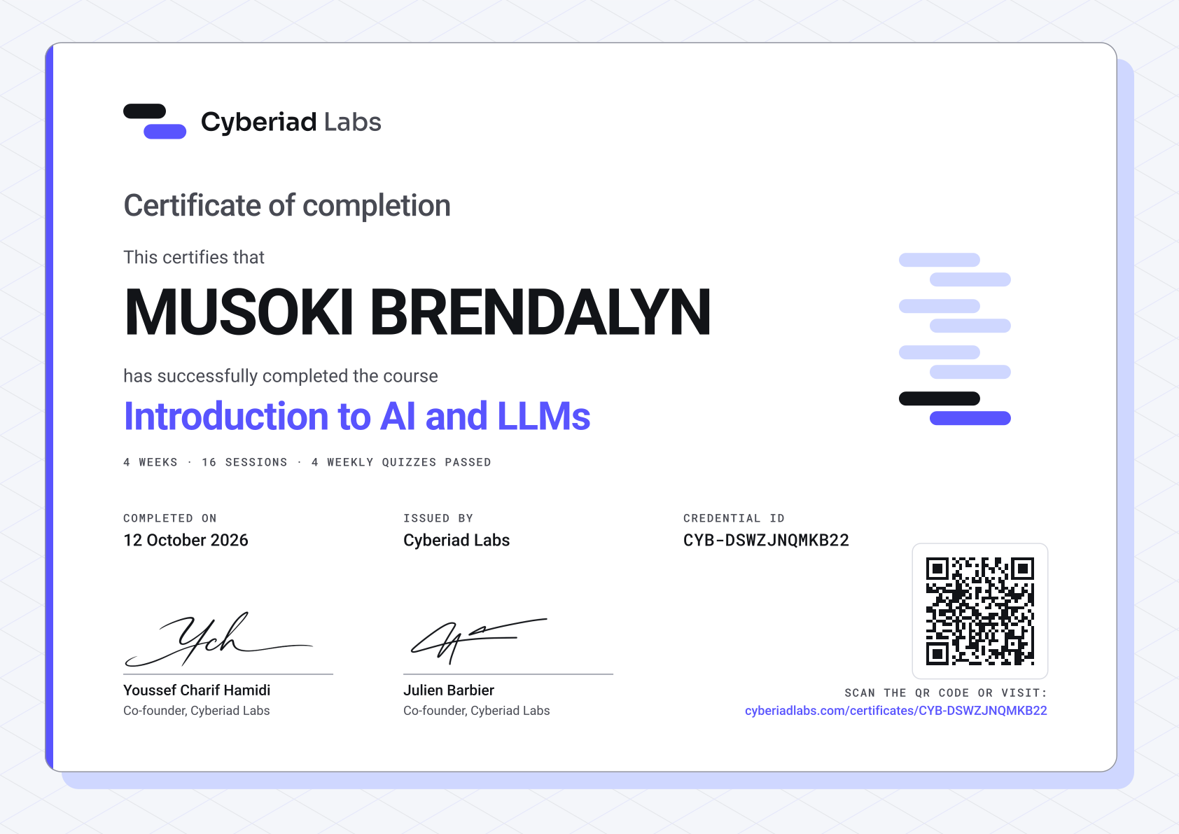 MUSOKI BRENDALYN, Introduction to AI and LLMs. A Cyberiad Labs certificate of completion.
