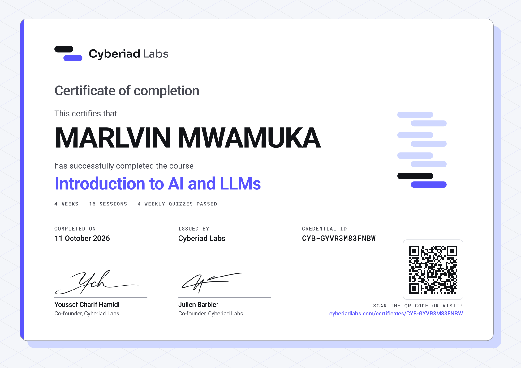 MARLVIN MWAMUKA, Introduction to AI and LLMs. A Cyberiad Labs certificate of completion.