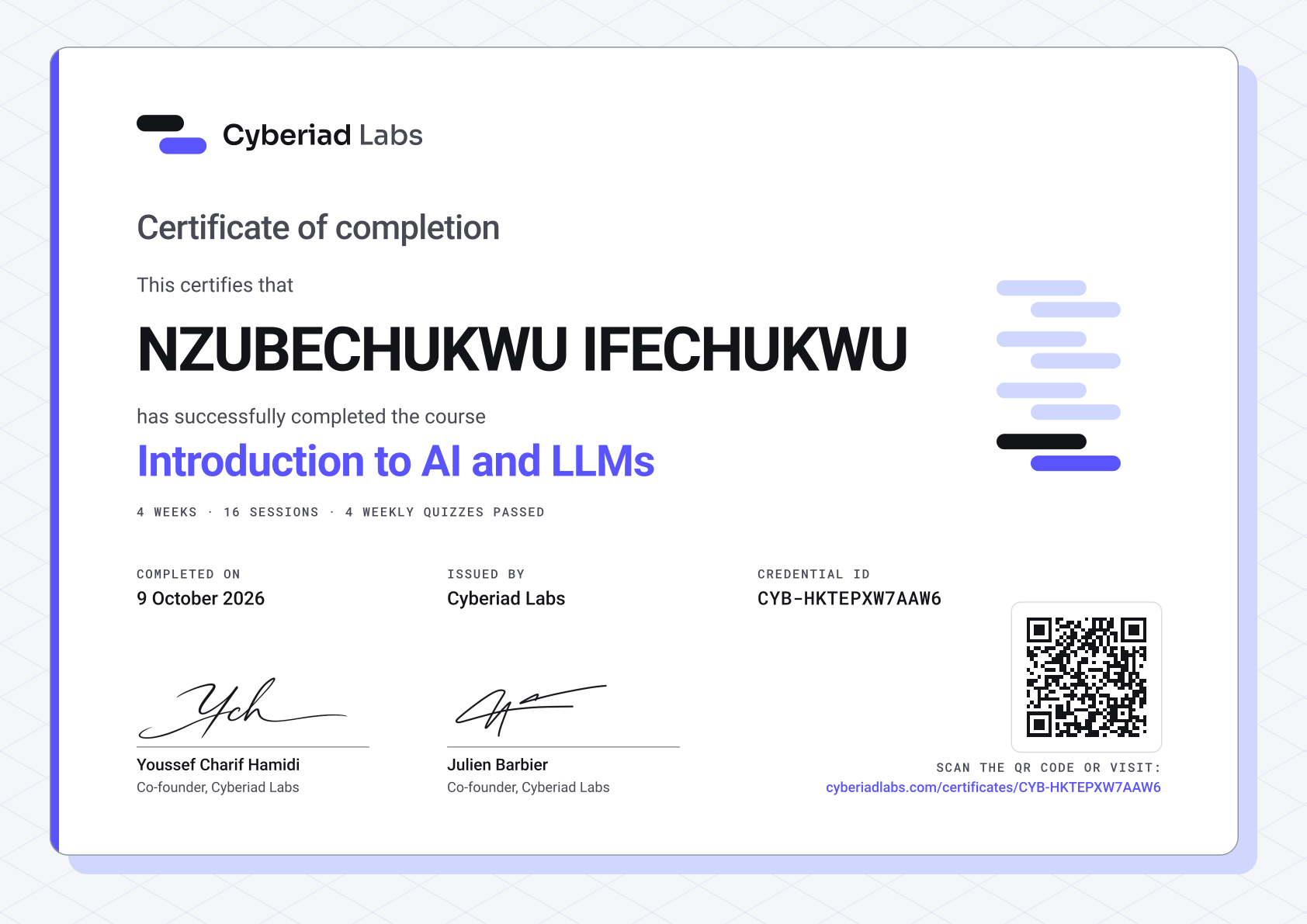 NZUBECHUKWU IFECHUKWU, Introduction to AI and LLMs. A Cyberiad Labs certificate of completion.