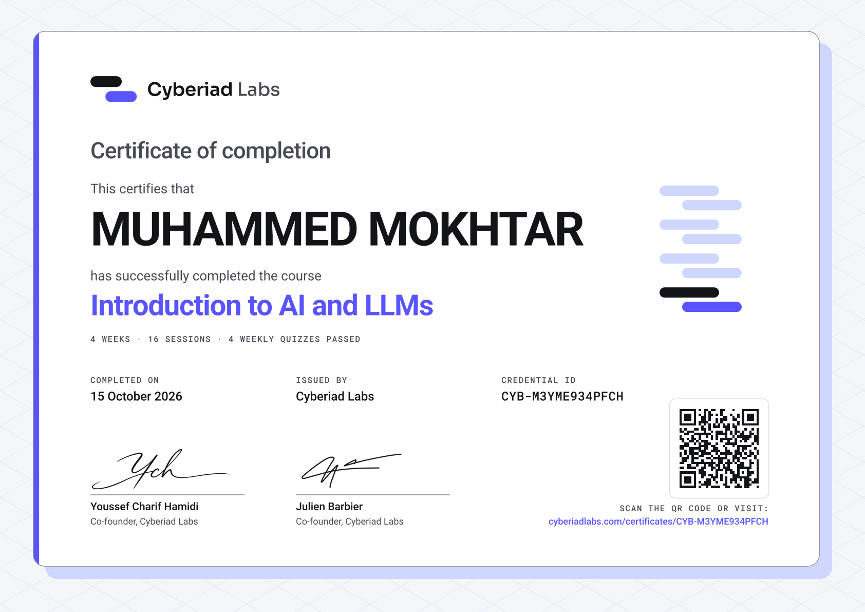 MUHAMMED MOKHTAR, Introduction to AI and LLMs. A Cyberiad Labs certificate of completion.