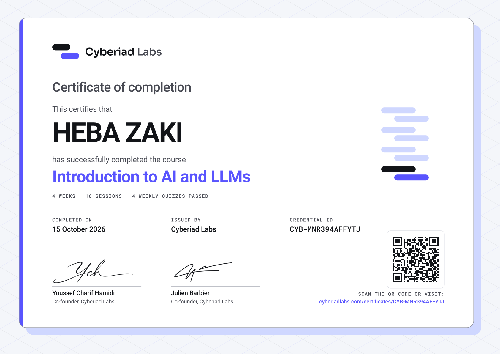 HEBA ZAKI, Introduction to AI and LLMs. A Cyberiad Labs certificate of completion.