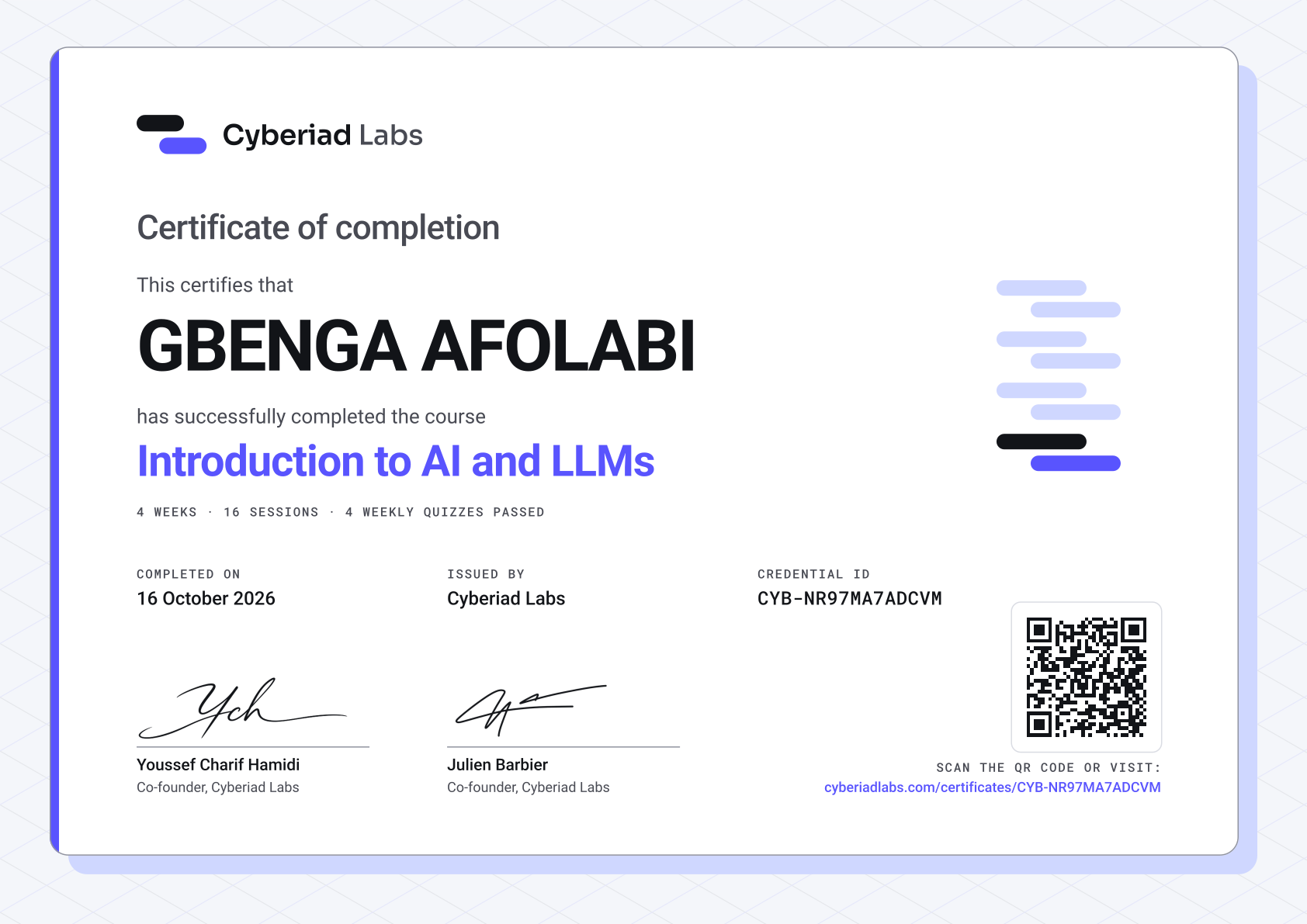 GBENGA AFOLABI, Introduction to AI and LLMs. A Cyberiad Labs certificate of completion.