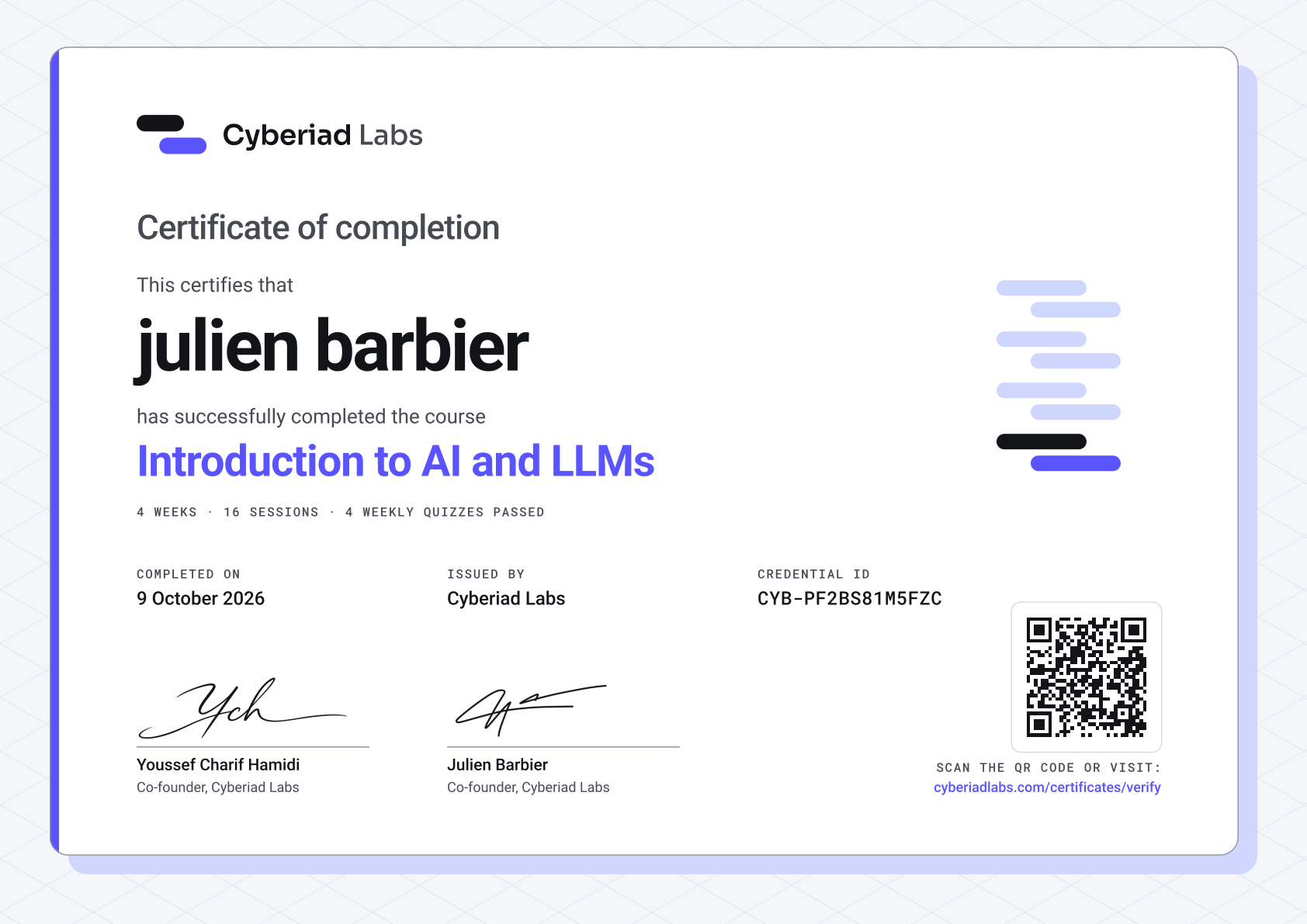 julien barbier, Introduction to AI and LLMs. A Cyberiad Labs certificate of completion.