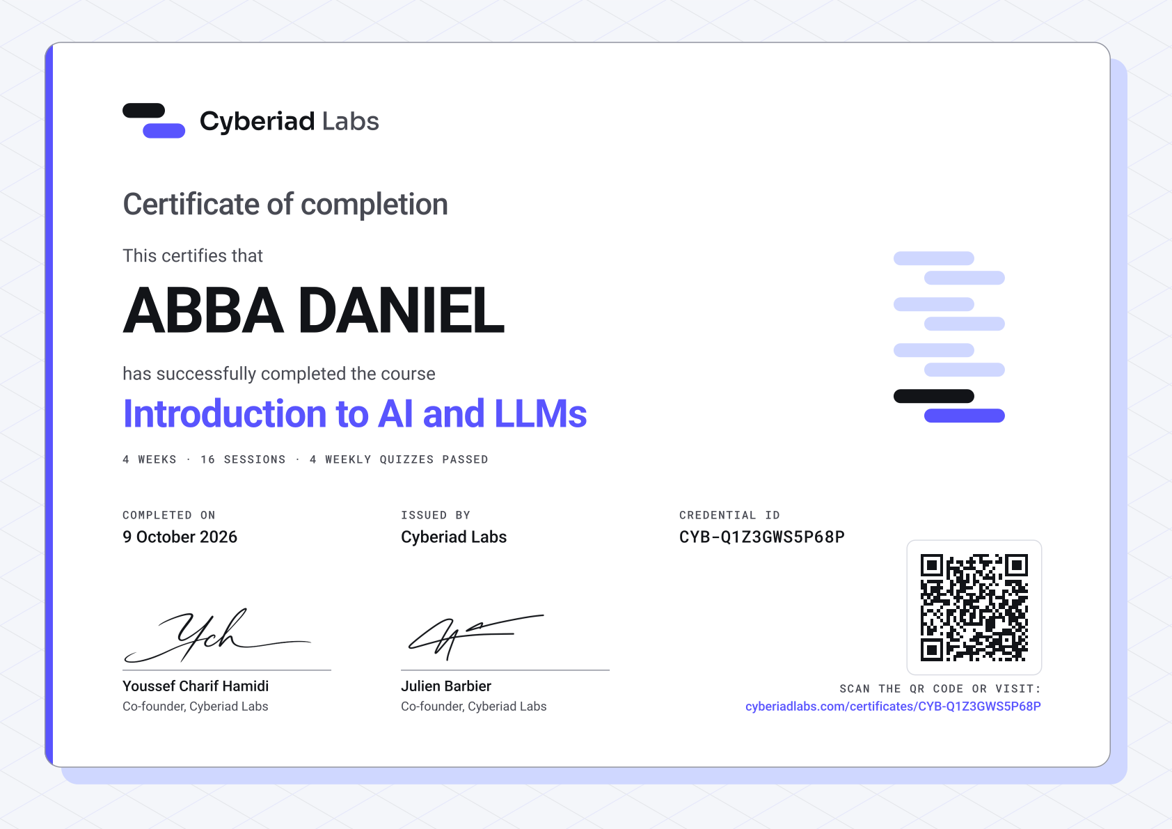 ABBA DANIEL, Introduction to AI and LLMs. A Cyberiad Labs certificate of completion.