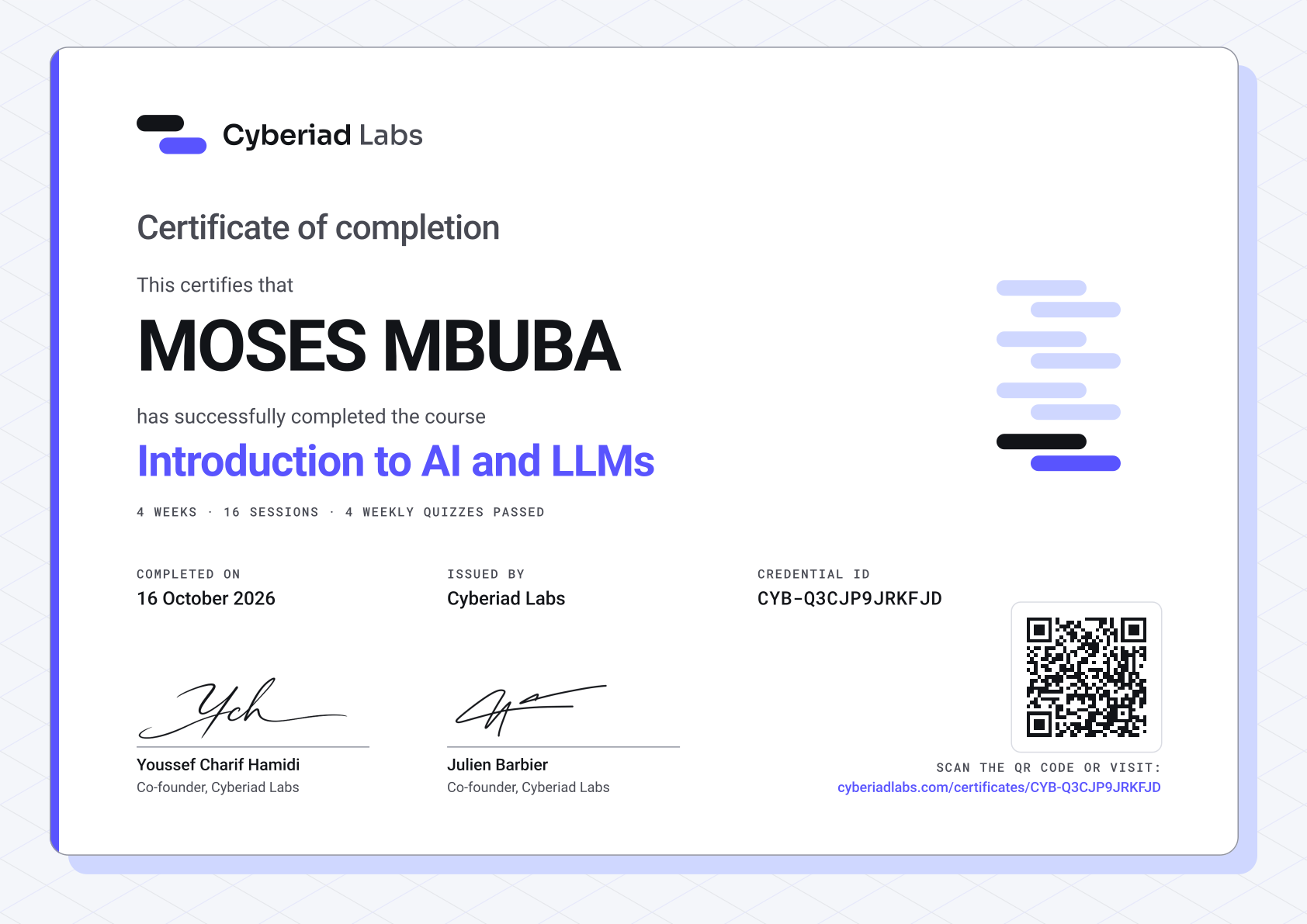 MOSES MBUBA, Introduction to AI and LLMs. A Cyberiad Labs certificate of completion.