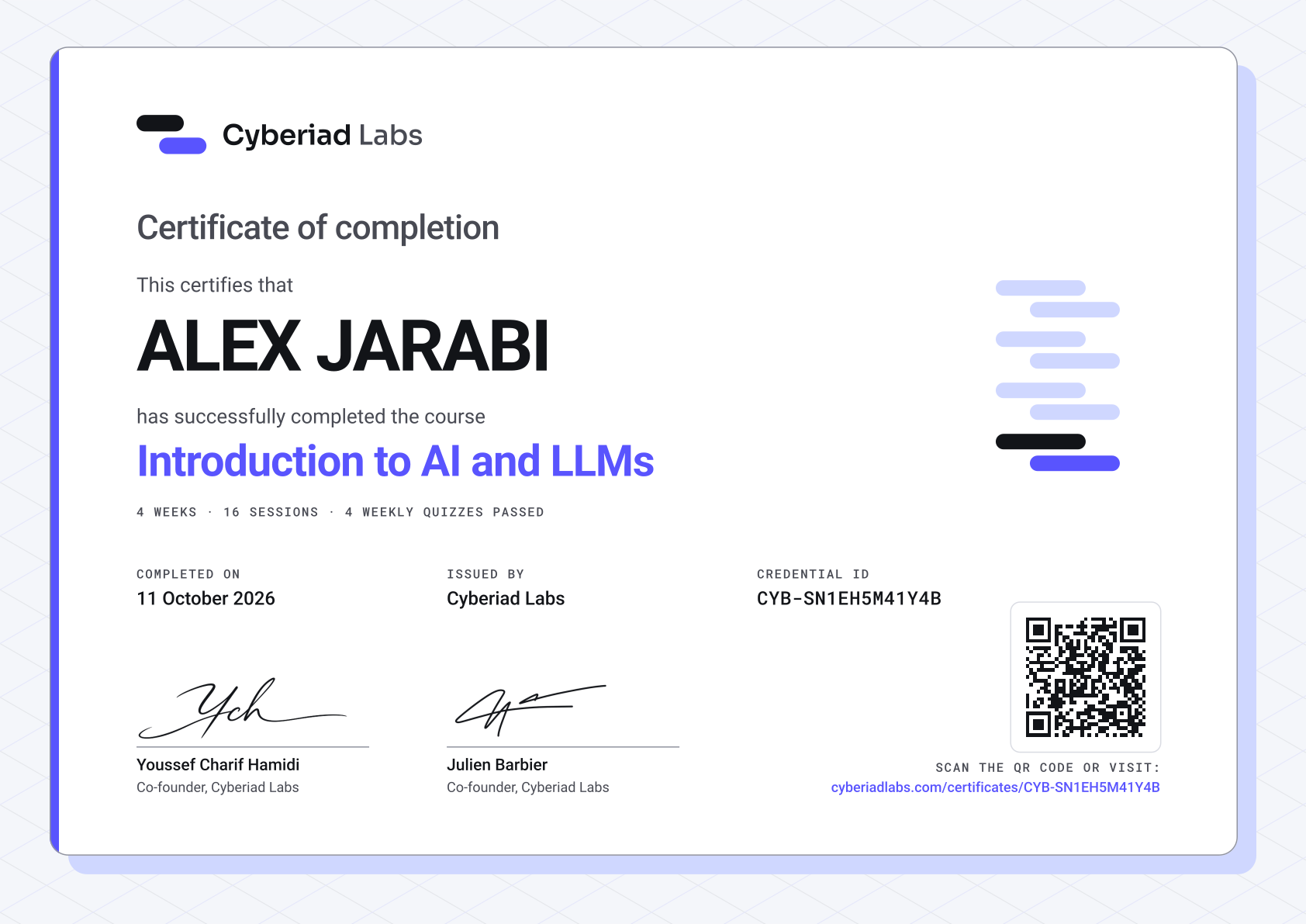 ALEX JARABI, Introduction to AI and LLMs. A Cyberiad Labs certificate of completion.