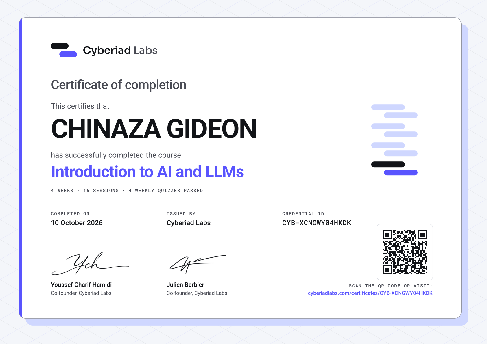 CHINAZA GIDEON, Introduction to AI and LLMs. A Cyberiad Labs certificate of completion.