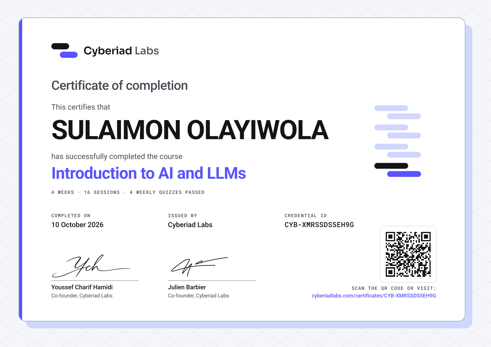 SULAIMON OLAYIWOLA, Introduction to AI and LLMs. A Cyberiad Labs certificate of completion.
