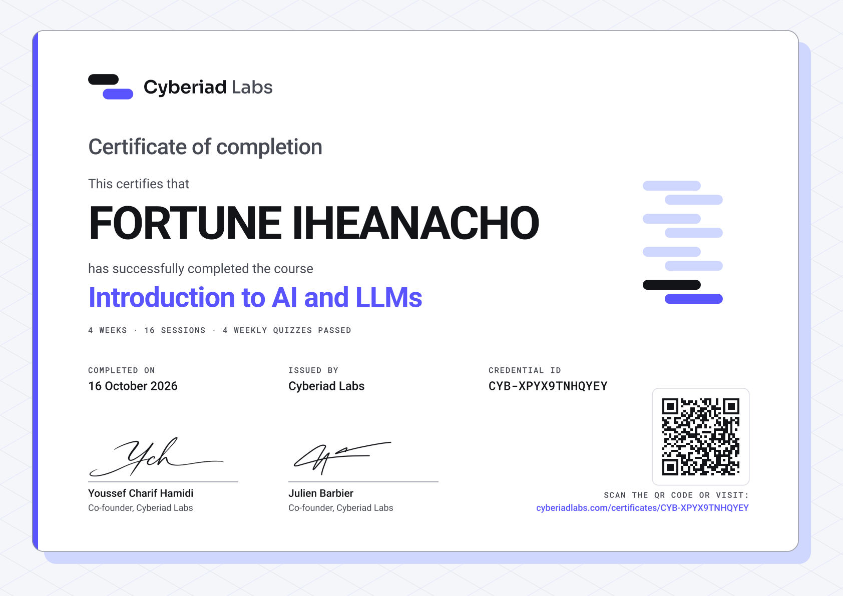 FORTUNE IHEANACHO, Introduction to AI and LLMs. A Cyberiad Labs certificate of completion.