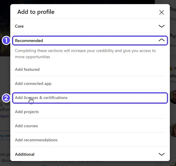 LinkedIn Add to profile window with Recommended and Add licenses and certifications highlighted