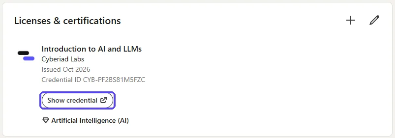Finished LinkedIn entry for Introduction to AI and LLMs by Cyberiad Labs, with the Show credential button highlighted