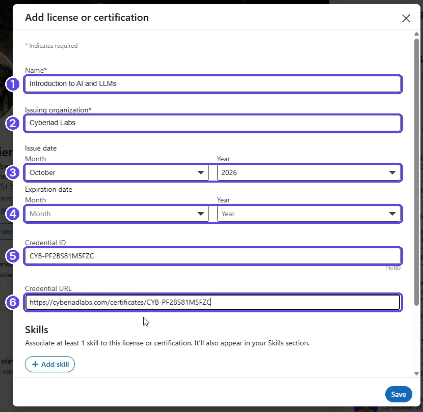 LinkedIn Add license or certification form filled in, with the six fields numbered 1 to 6