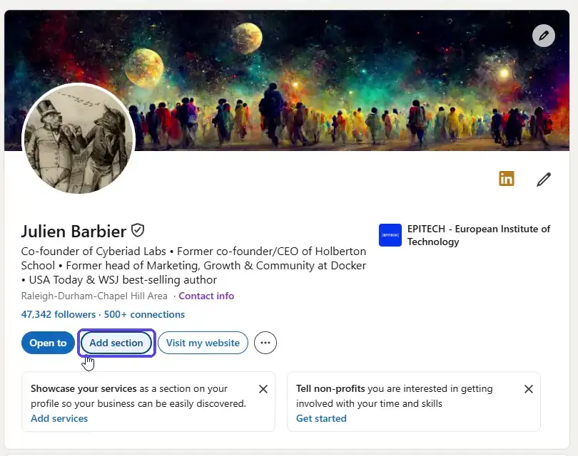 Top of a LinkedIn profile with the Add section button highlighted
