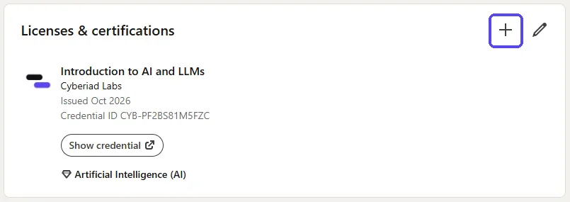 LinkedIn Licenses and certifications section with the plus button highlighted