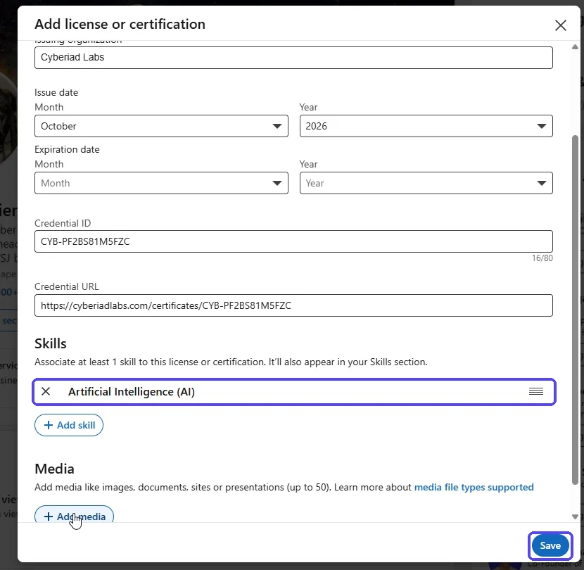 Form with Artificial Intelligence (AI) added under Skills and the Save button highlighted