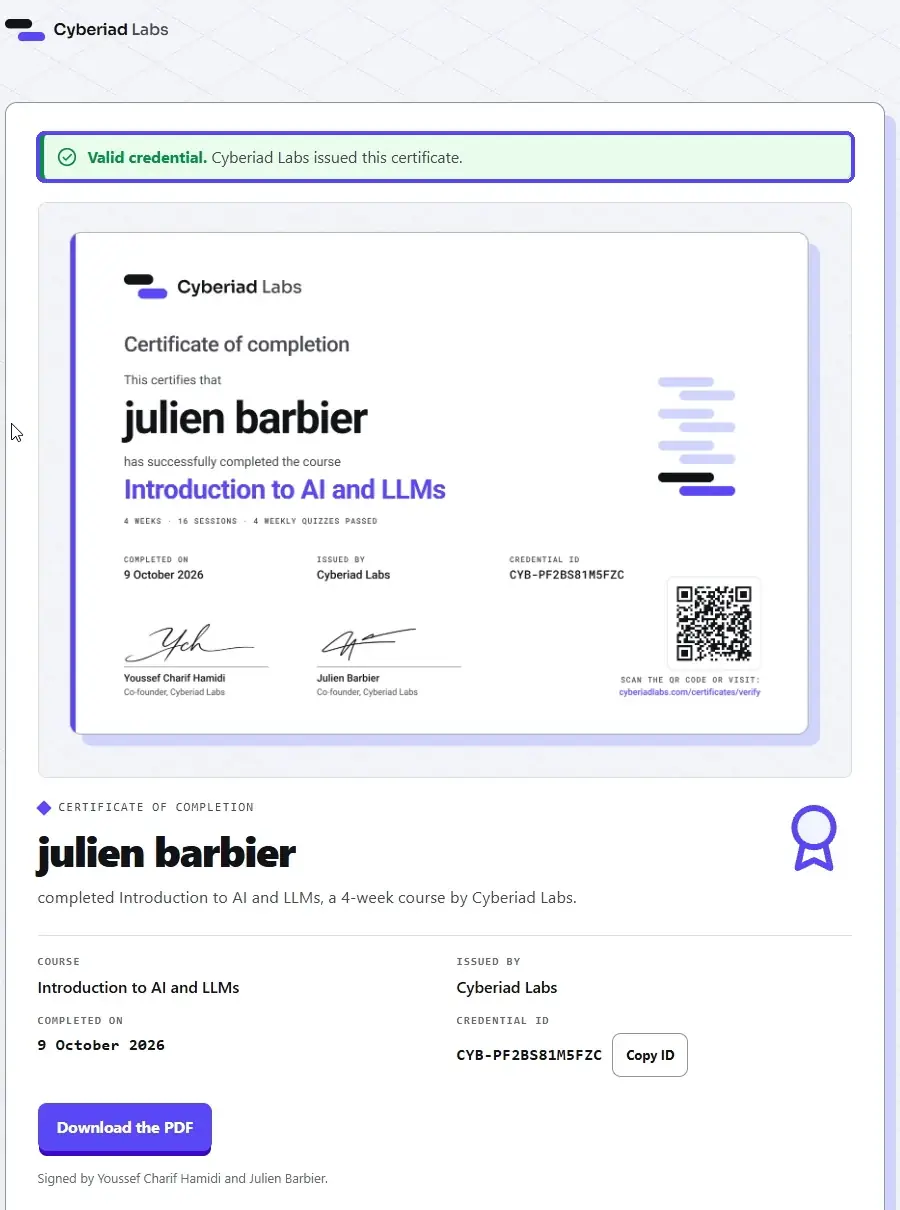 Cyberiad Labs verification page showing Valid credential, Cyberiad Labs issued this certificate